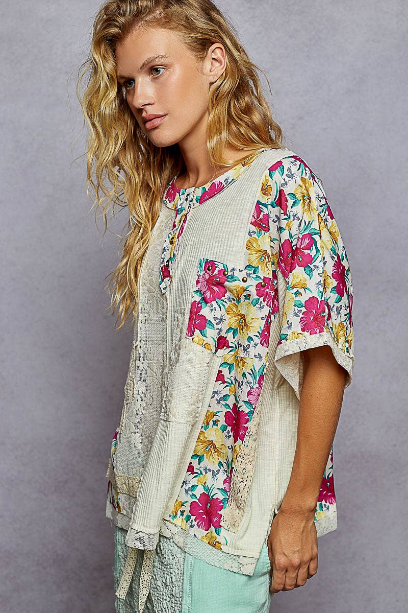 POL Clothing Round Neck Short Sleeve Floral Knit Rib Top-Loose Fit Top-Pol Clothing-Stuffology - Where Vintage Meets Modern, A Boutique for Real Women in Crosbyton, TX