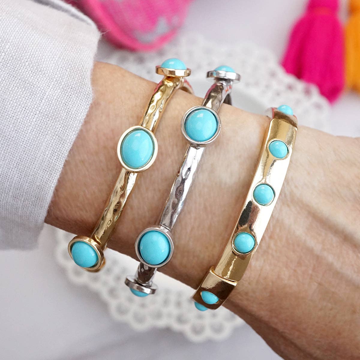 Desert Orbit – Turquoise Station Stretch Bangle-Bracelets-PennyLine inc-Stuffology - Where Vintage Meets Modern, A Boutique for Real Women in Crosbyton, TX