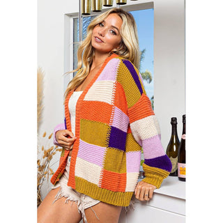 MULTI COLOR CHECKER BLOCK SWEATER CARDIGAN