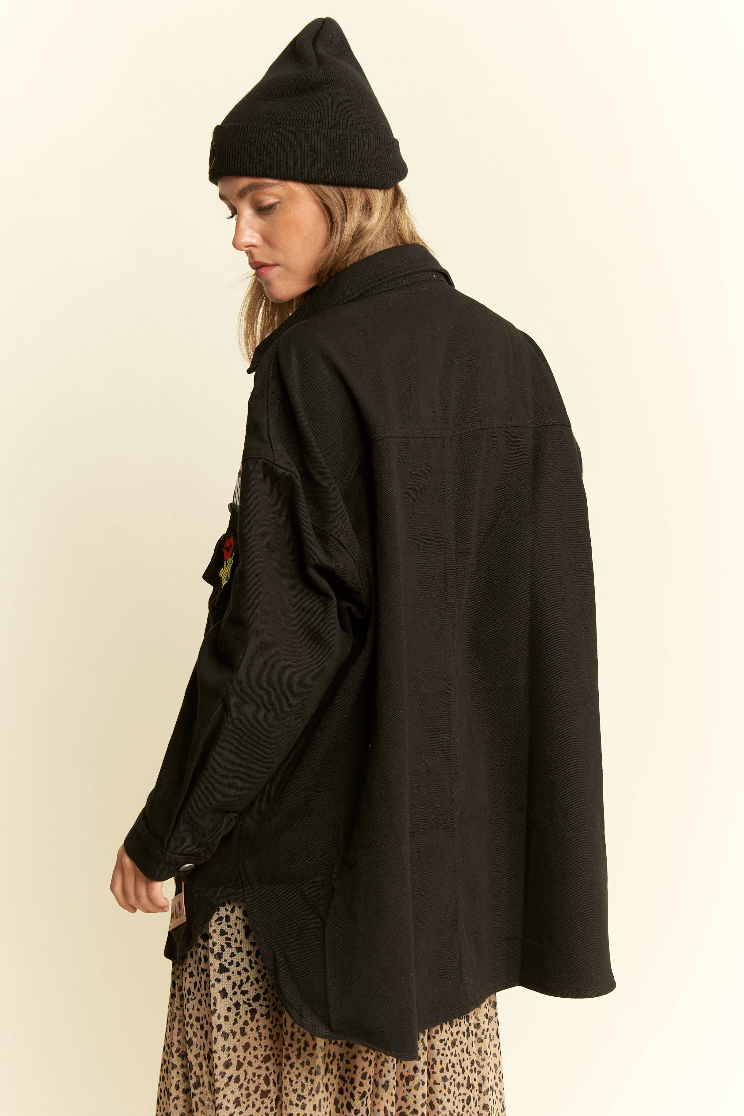 BLACK MULTI PATCH OVERSIZE JACKET-Jackets-JADE BY JANE-Stuffology - Where Vintage Meets Modern, A Boutique for Real Women in Crosbyton, TX