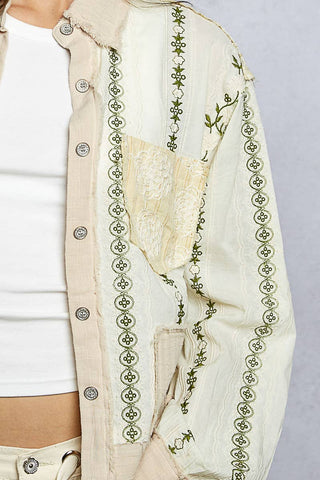 Long Sleeve Embroidered Woven Stripe Contrast Shirt Top-Top-Pol Clothing-Stuffology - Where Vintage Meets Modern, A Boutique for Real Women in Crosbyton, TX