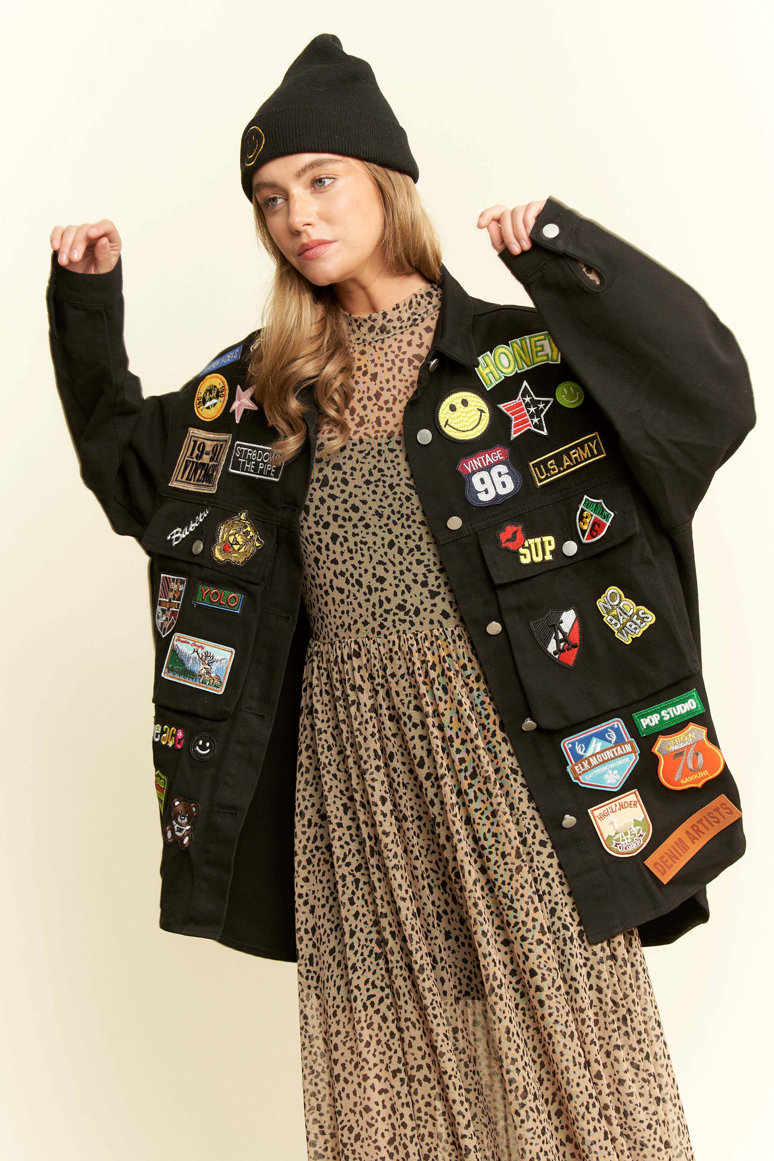 BLACK MULTI PATCH OVERSIZE JACKET-Jackets-JADE BY JANE-Stuffology - Where Vintage Meets Modern, A Boutique for Real Women in Crosbyton, TX