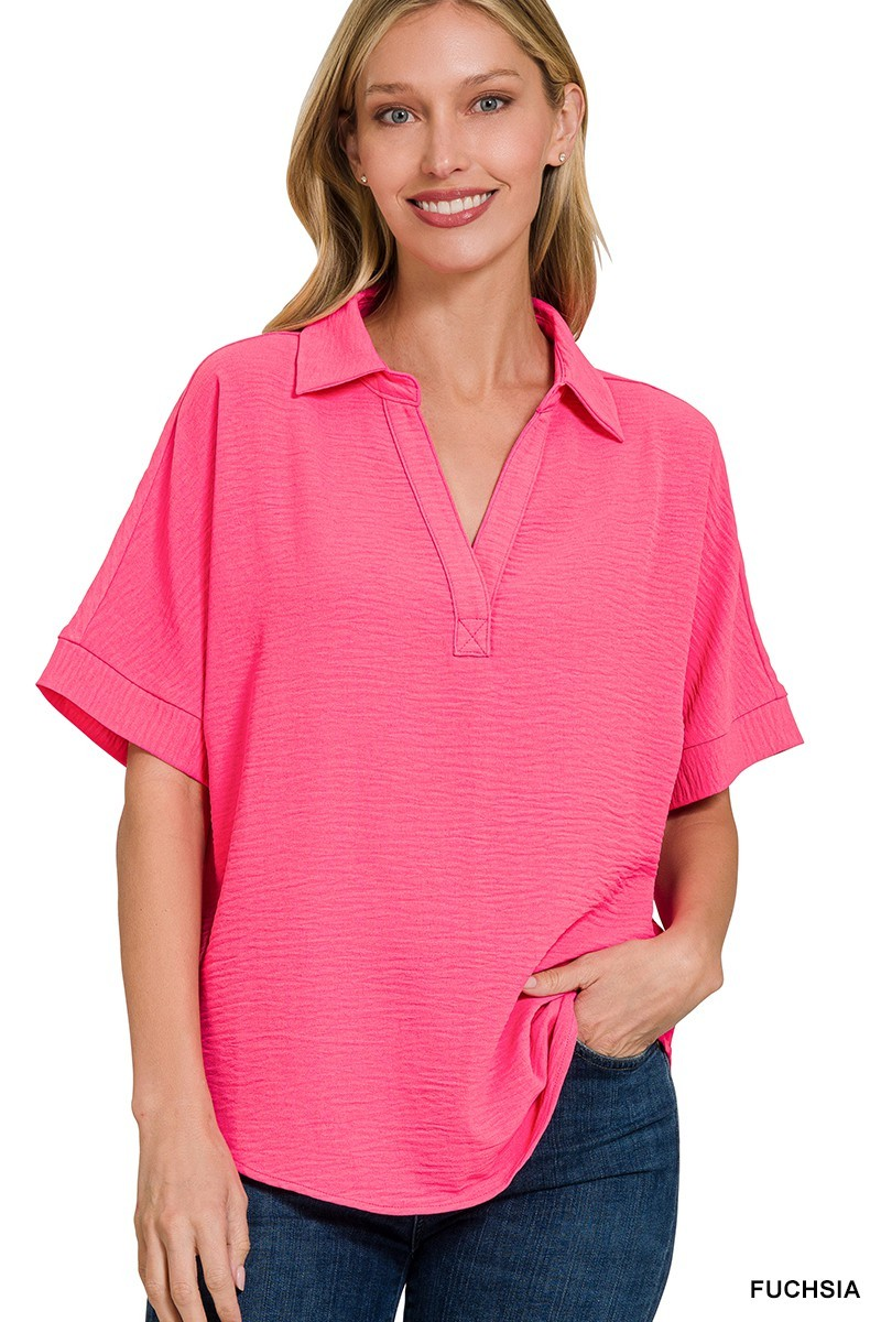 WOVEN AIRFLOW COLLARED V-NECK SHORT SLEEVE TOP | Stuffology Boutique-Short Sleeves-Zenana-Stuffology - Where Vintage Meets Modern, A Boutique for Real Women in Crosbyton, TX