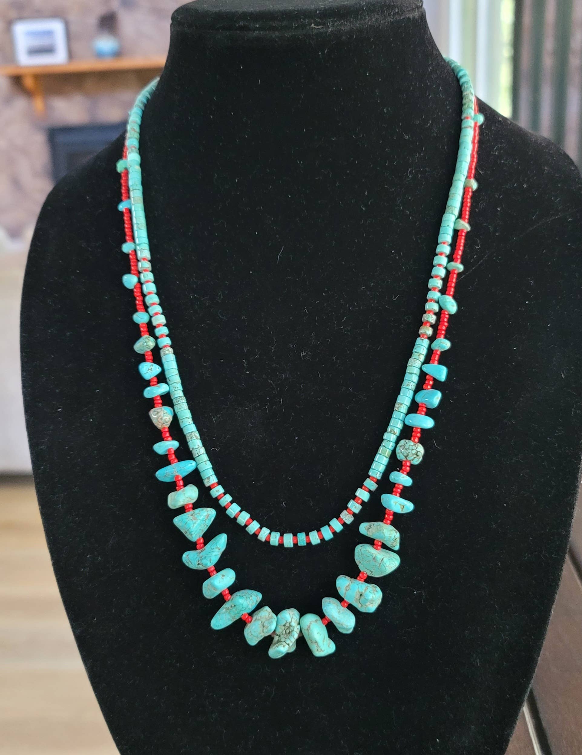 Case of 2 Turquoise, red glass bead necklaces, Native made-Necklaces-Horse Spirit Studio-Stuffology - Where Vintage Meets Modern, A Boutique for Real Women in Crosbyton, TX