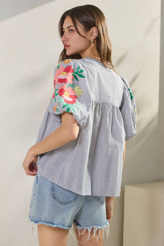 Navy Yarn Dye Striped Fabric Top-Blouse-Oddi-Stuffology - Where Vintage Meets Modern, A Boutique for Real Women in Crosbyton, TX