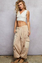 POL Clothing Double gauze floral embroidery accents patch detail pants-pants-Pol Clothing-Stuffology - Where Vintage Meets Modern, A Boutique for Real Women in Crosbyton, TX