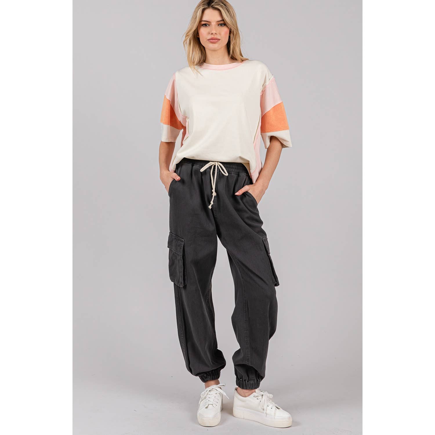 ACID WASH DENIM CARGO JOGGERS-pants-Sage + Fig-Stuffology - Where Vintage Meets Modern, A Boutique for Real Women in Crosbyton, TX