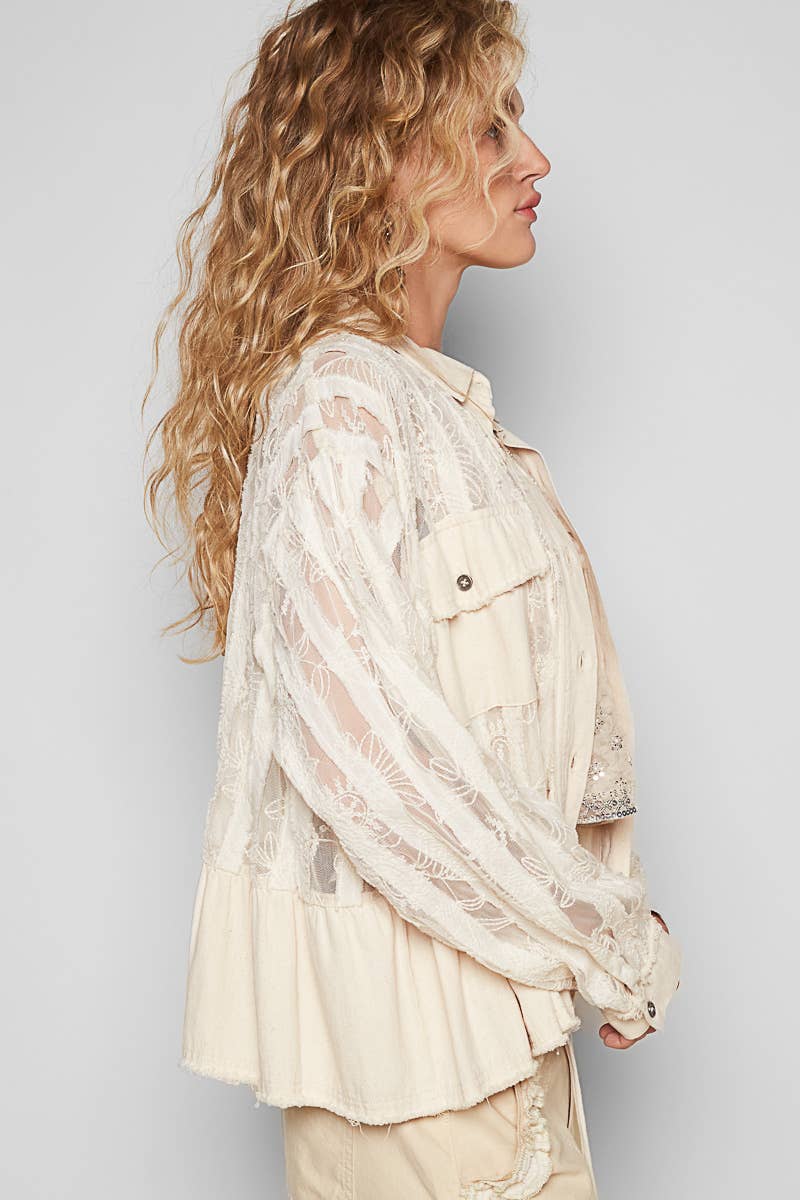 Oversize button down lace pattern casual shacket top-Pol Clothing-Stuffology - Where Vintage Meets Modern, A Boutique for Real Women in Crosbyton, TX