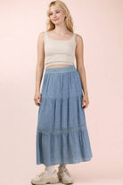 Tiered Layers Solid Woven Skirt W/ Lace Trim-Skirts-VERY J-Stuffology - Where Vintage Meets Modern, A Boutique for Real Women in Crosbyton, TX