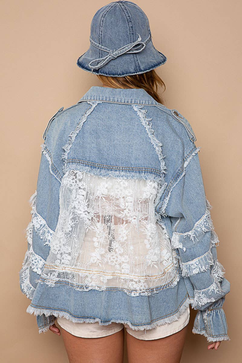 Lace Trim and Panel Collared Button Down Denim Jacket /Stuffology Boutique-Jackets-Pol Clothing-Stuffology - Where Vintage Meets Modern, A Boutique for Real Women in Crosbyton, TX