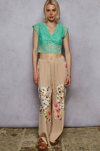 POL Double Gauze Floral Patch Pants-Pants-Pol Clothing-Stuffology - Where Vintage Meets Modern, A Boutique for Real Women in Crosbyton, TX