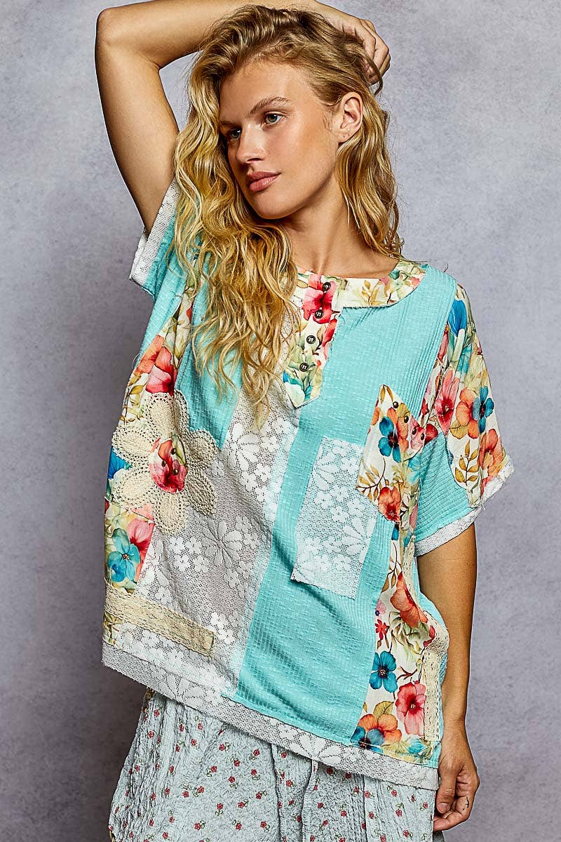 POL Clothing Round Neck Short Sleeve Floral Knit Rib Top-Loose Fit Top-Pol Clothing-Stuffology - Where Vintage Meets Modern, A Boutique for Real Women in Crosbyton, TX