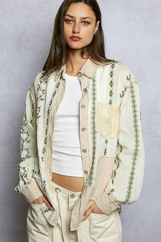 Long Sleeve Embroidered Woven Stripe Contrast Shirt Top-Top-Pol Clothing-Stuffology - Where Vintage Meets Modern, A Boutique for Real Women in Crosbyton, TX