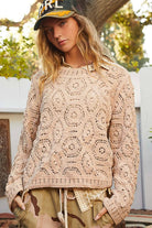 Round neck open knitted crochet solid sweater-Sweaters-Pol Clothing-Stuffology - Where Vintage Meets Modern, A Boutique for Real Women in Crosbyton, TX