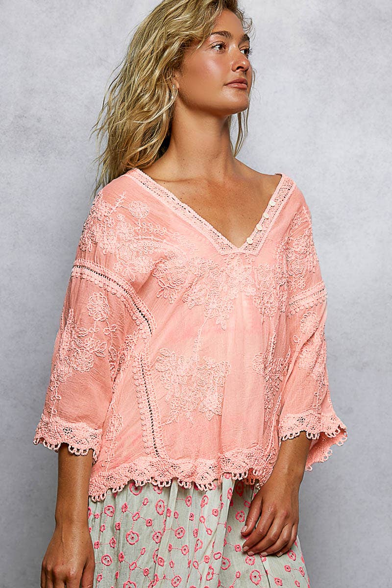 POL Clothing V-neck Short Sleeve Floral Embroidered Crochet Blouse Top-Crochet Top-Pol Clothing-Stuffology - Where Vintage Meets Modern, A Boutique for Real Women in Crosbyton, TX