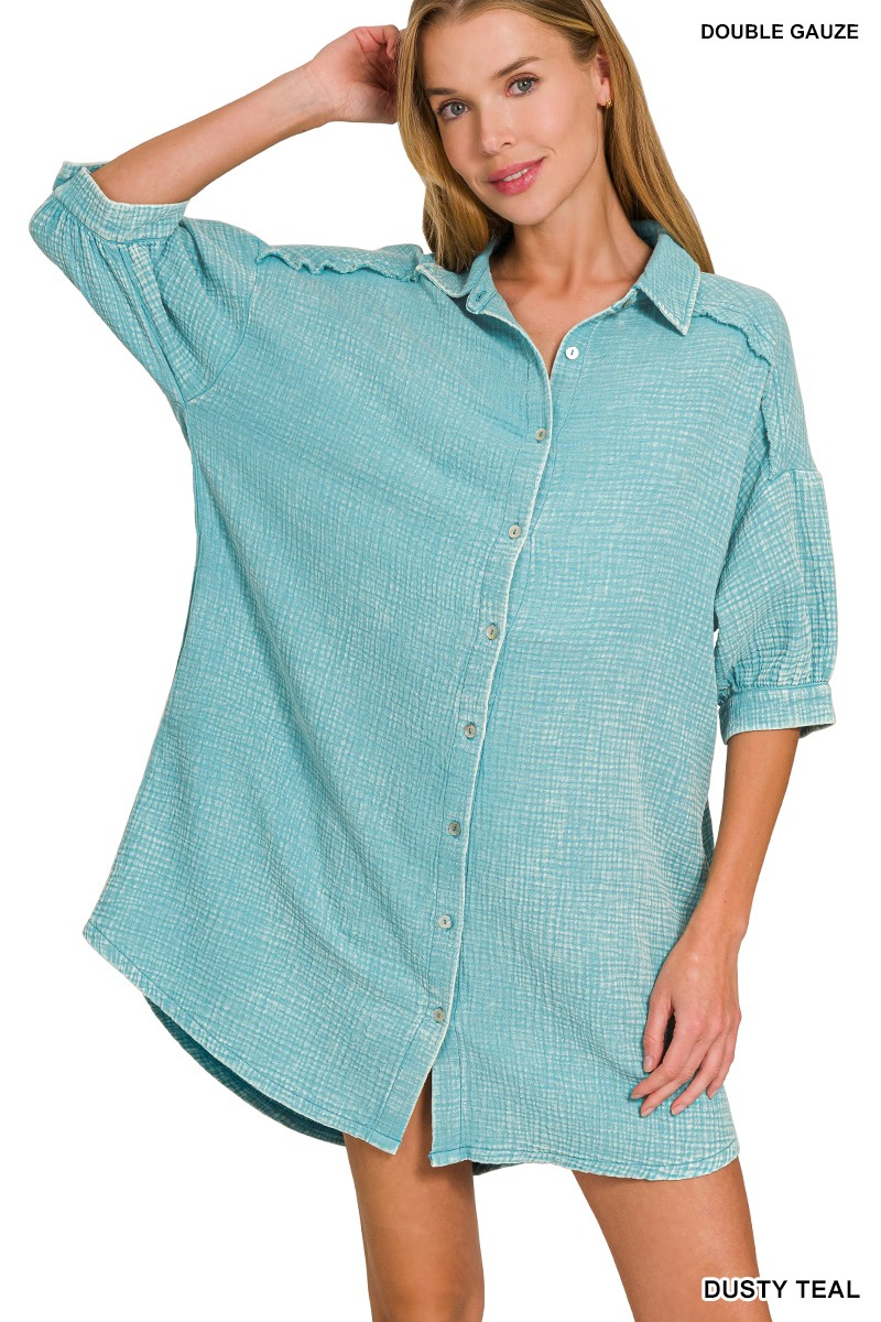 WASHED DOUBLE GAUZE BUTTON DOWN SHIRT DRESS-Dresses-ZENANA-Stuffology - Where Vintage Meets Modern, A Boutique for Real Women in Crosbyton, TX