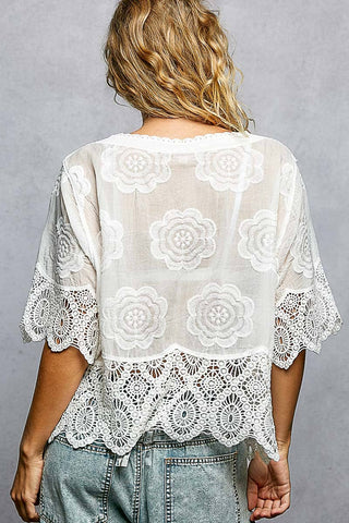 Crochet Trim Neckline Short Sleeve Jacket Top-Pol Clothing-Stuffology - Where Vintage Meets Modern, A Boutique for Real Women in Crosbyton, TX