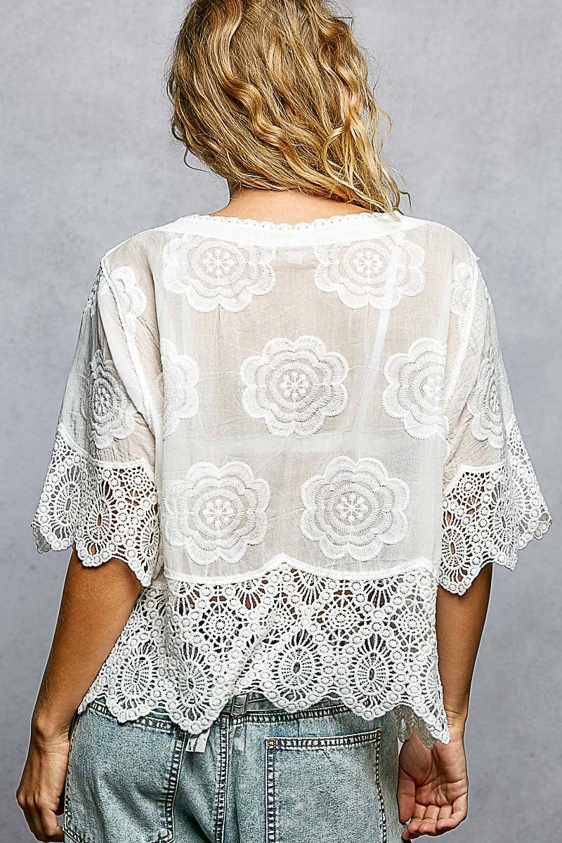 Crochet Trim Neckline Short Sleeve Jacket Top-Pol Clothing-Stuffology - Where Vintage Meets Modern, A Boutique for Real Women in Crosbyton, TX