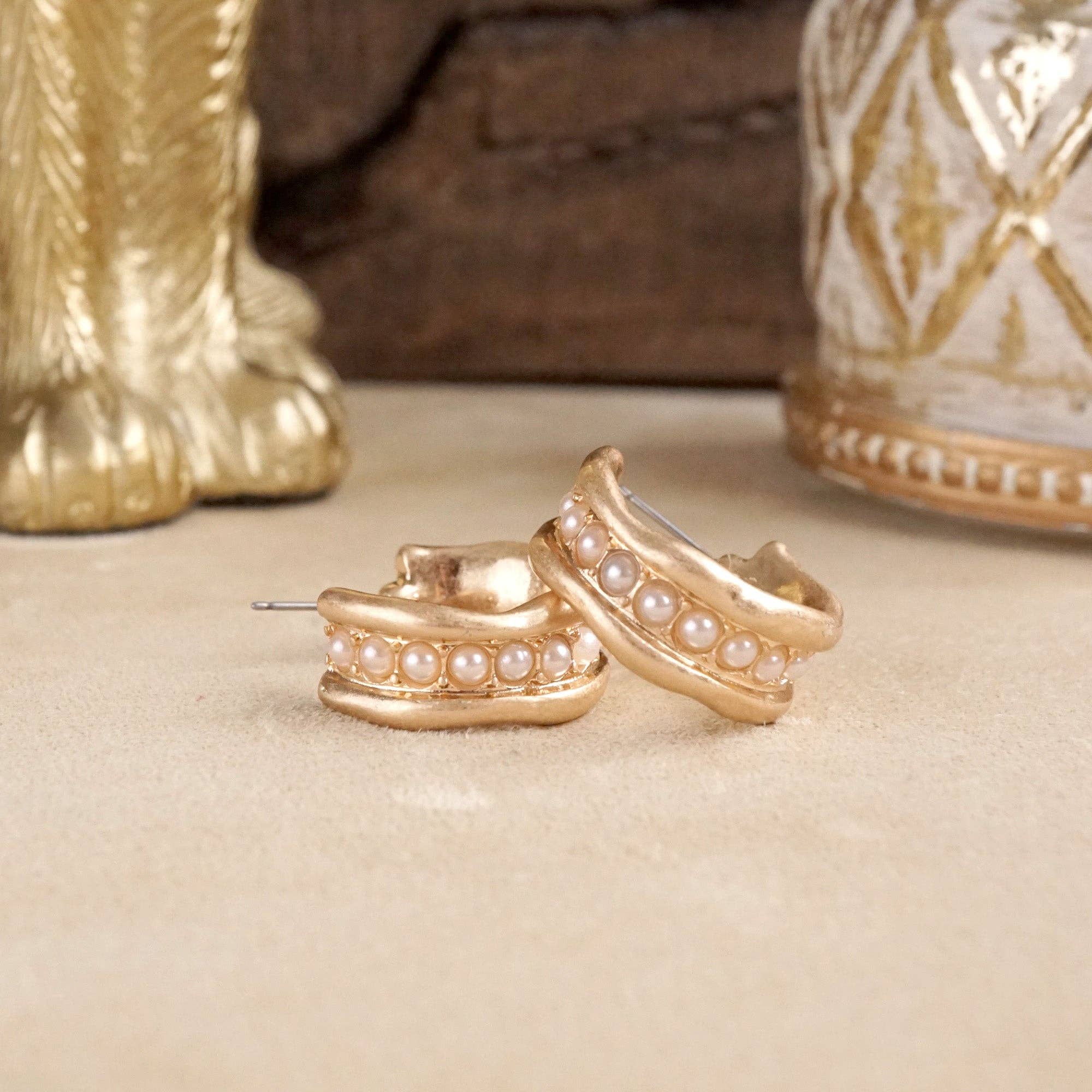 Minimalist Hoops with Faux Pearls or Turquoise – Brushed Gold-Earrings-PennyLine inc-Stuffology - Where Vintage Meets Modern, A Boutique for Real Women in Crosbyton, TX