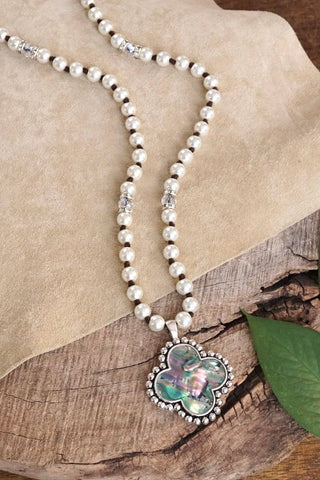 Pearlized beads Necklace with Cross and Clover pendant Mother of Pearl Abalone-Necklaces-PennyLine inc-Stuffology - Where Vintage Meets Modern, A Boutique for Real Women in Crosbyton, TX