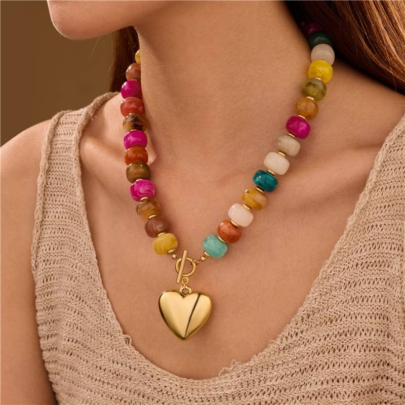 MULTI BEADED HEART CHARM TOGGLE NECKLACE-Necklaces-Stuffology Boutique-Stuffology - Where Vintage Meets Modern, A Boutique for Real Women in Crosbyton, TX