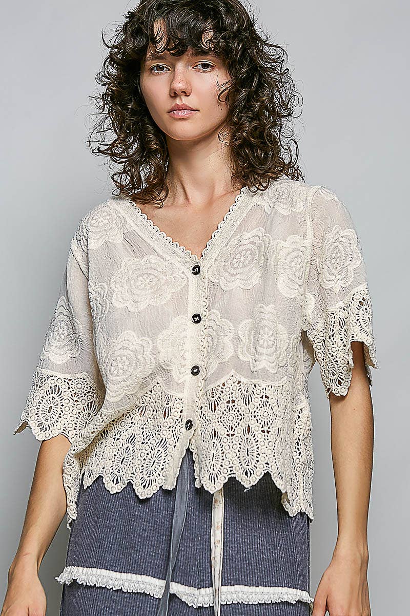 Crochet Trim Neckline Short Sleeve Jacket Top-Pol Clothing-Stuffology - Where Vintage Meets Modern, A Boutique for Real Women in Crosbyton, TX