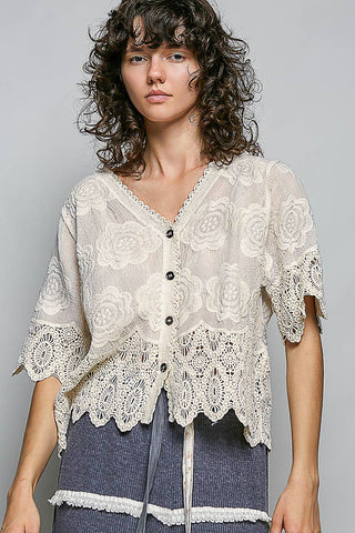 Crochet Trim Neckline Short Sleeve Jacket Top-Pol Clothing-Stuffology - Where Vintage Meets Modern, A Boutique for Real Women in Crosbyton, TX