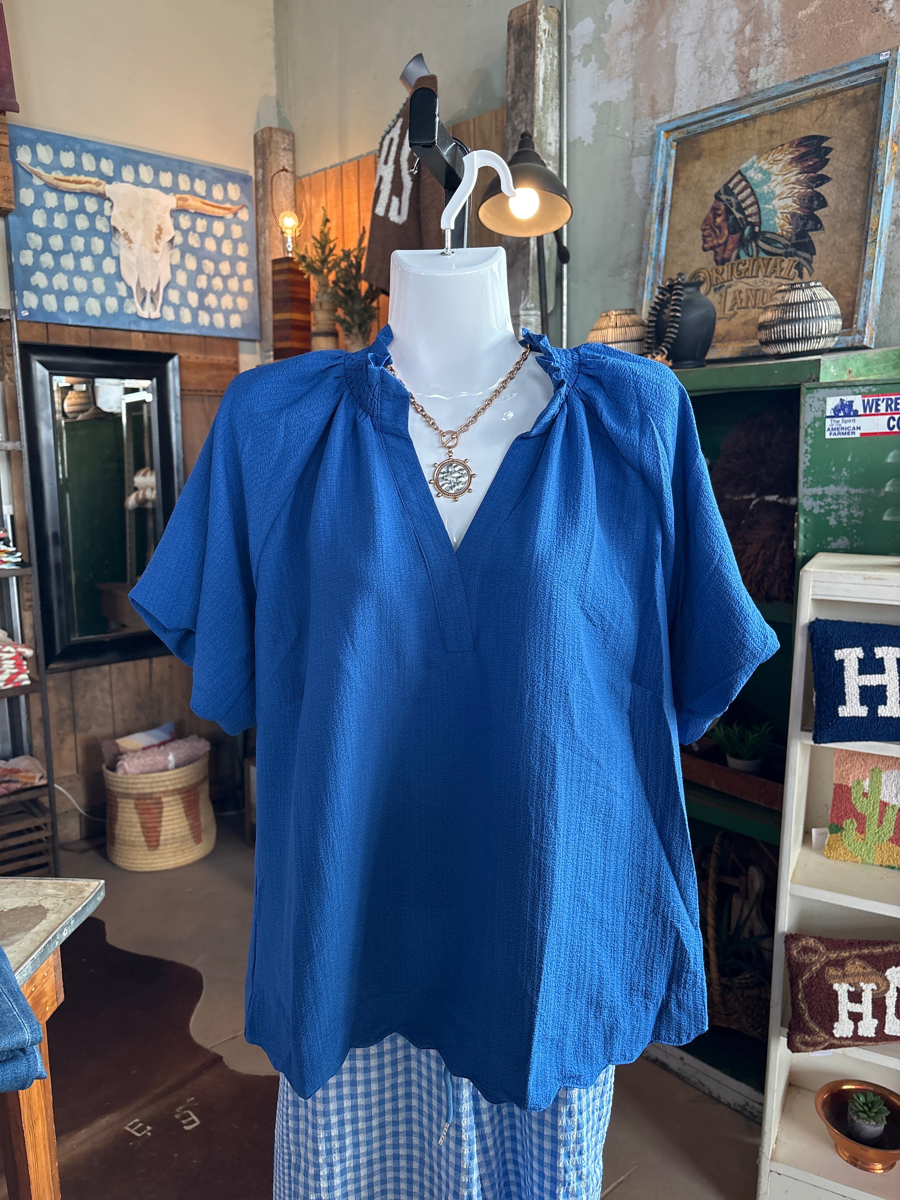 Scalloped Hem Texture Blouse - Ocean Blue-Umgee-Stuffology - Where Vintage Meets Modern, A Boutique for Real Women in Crosbyton, TX
