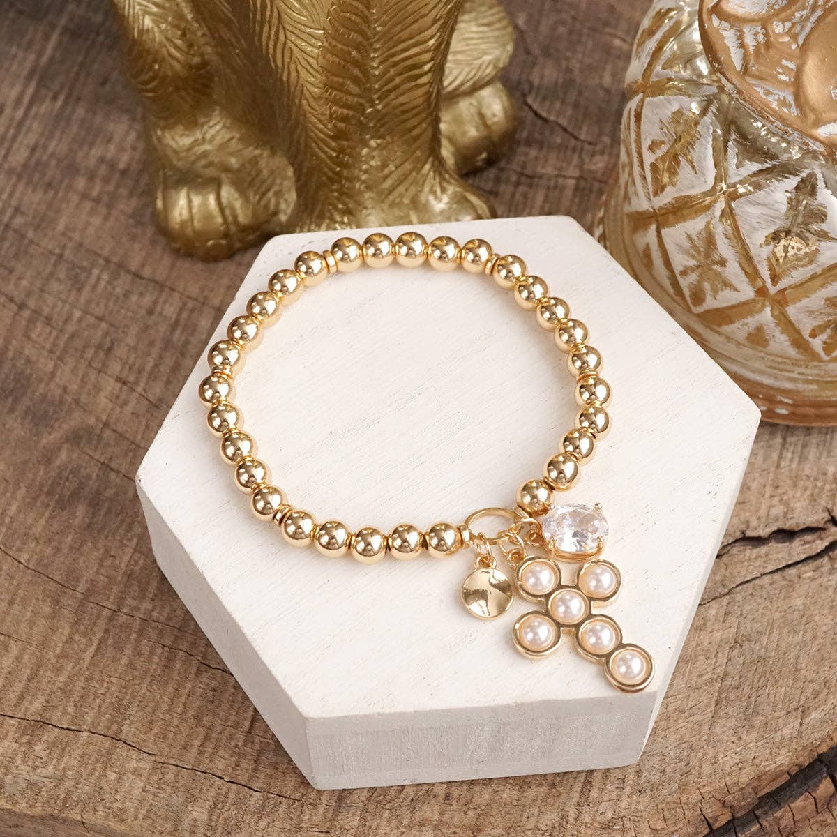 Golden Keepsakes – Charm Cluster Stretch Bracelet with Beads & Stones-Bracelets-PennyLine inc-Stuffology - Where Vintage Meets Modern, A Boutique for Real Women in Crosbyton, TX