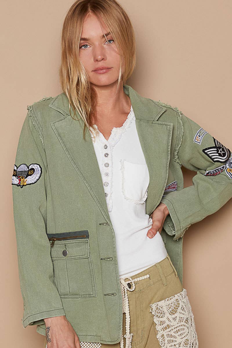 POL Clothing Vintage patch detail military blazer jacket-Jackets-Pol Clothing-Stuffology - Where Vintage Meets Modern, A Boutique for Real Women in Crosbyton, TX
