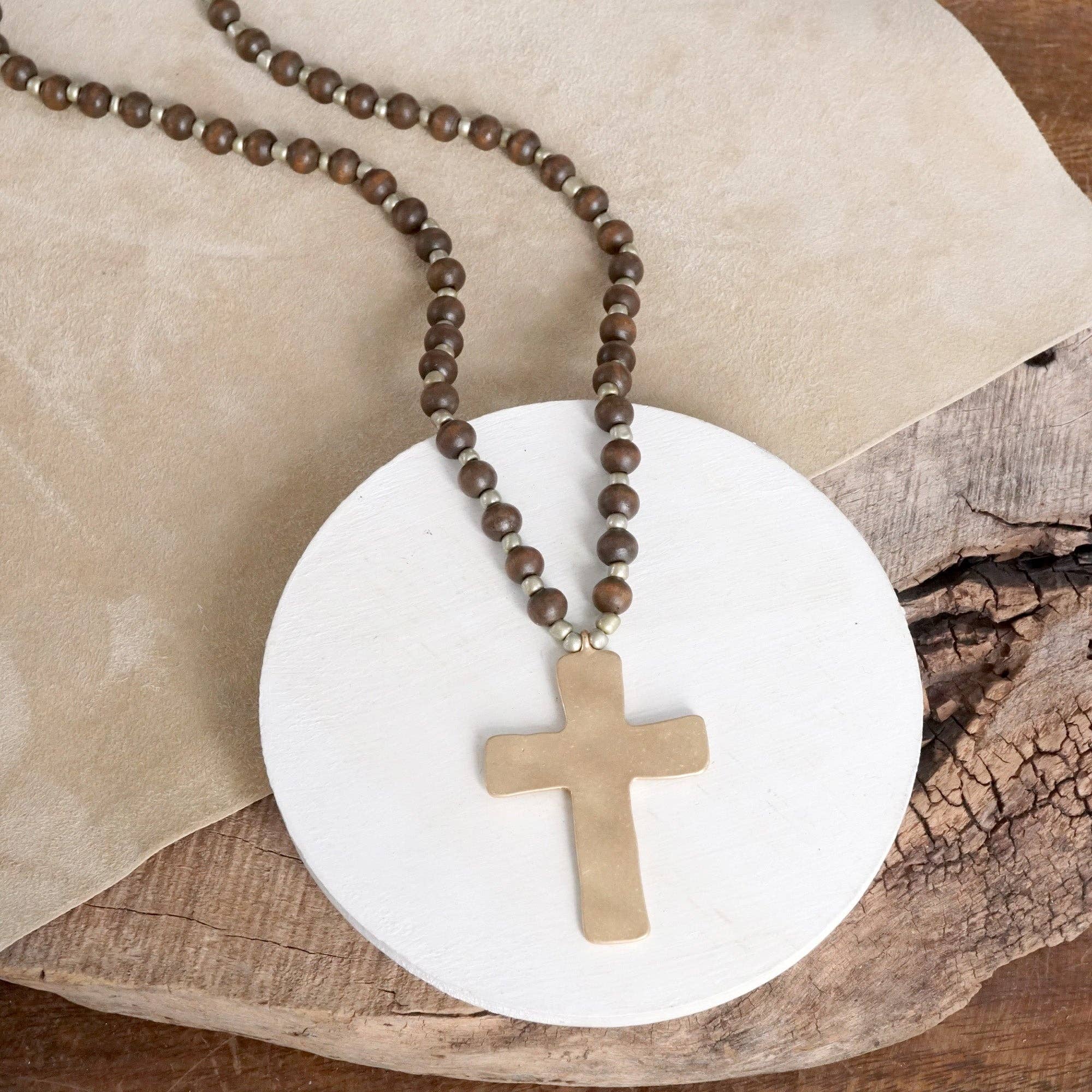 Long Wooden Bead Necklace with Gold Cross-Necklaces-PennyLine inc-Stuffology - Where Vintage Meets Modern, A Boutique for Real Women in Crosbyton, TX
