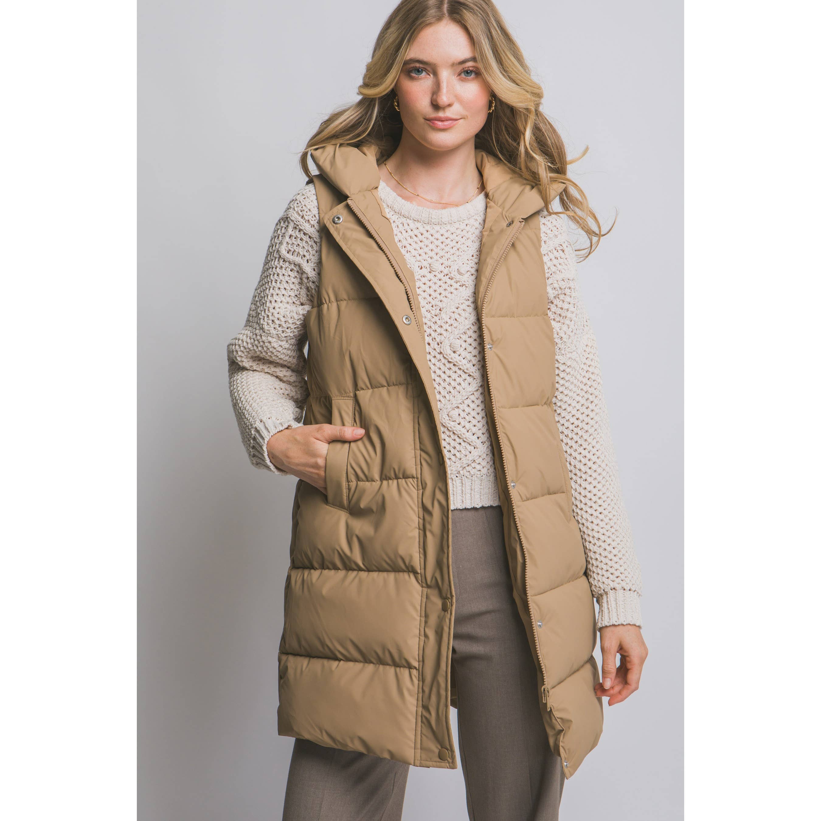 Hooded Long Quilted Puffer Vest w Zip Snap Closure-HiteJeans-Stuffology - Where Vintage Meets Modern, A Boutique for Real Women in Crosbyton, TX