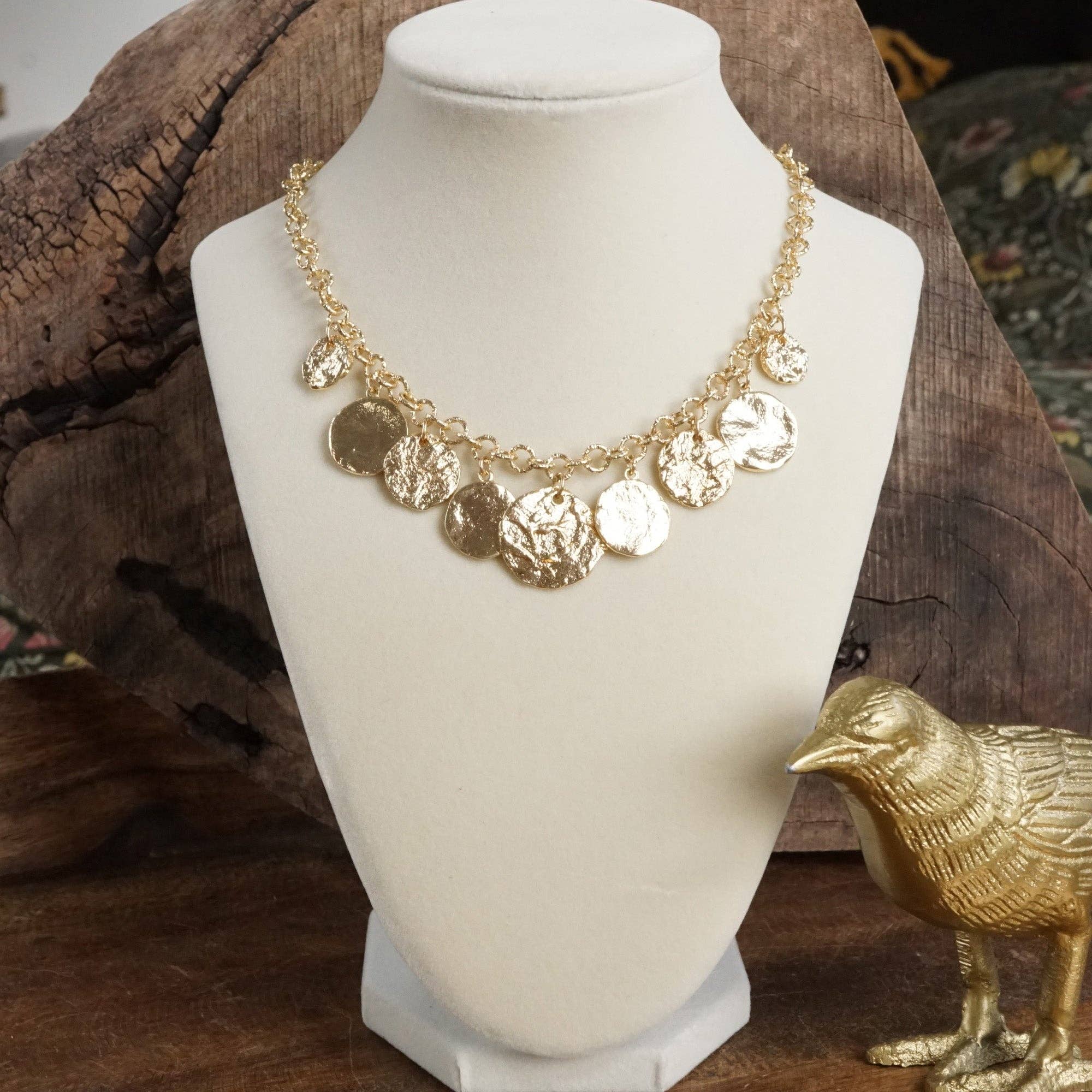 Textured Coins Statement Necklace – Gold Tone-Necklaces-PennyLine inc-Stuffology - Where Vintage Meets Modern, A Boutique for Real Women in Crosbyton, TX