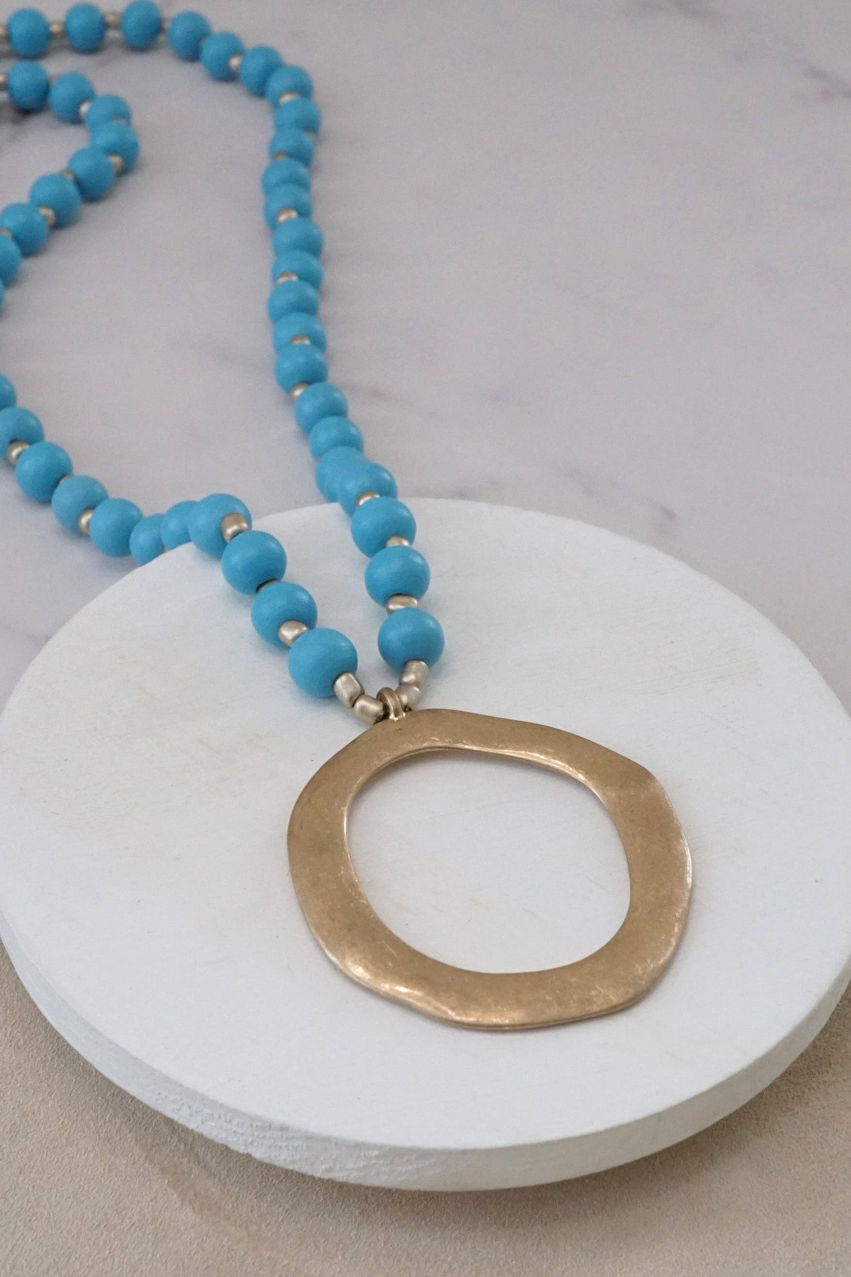 Long Wooden Bead Necklace with gold circle - Turquoise Blue-PennyLine inc-Stuffology - Where Vintage Meets Modern, A Boutique for Real Women in Crosbyton, TX