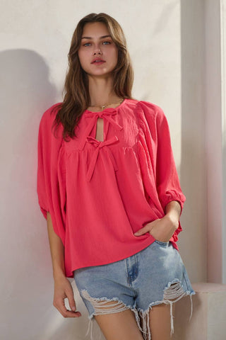 3/4 Sleeve Front Tie Ribbon Top-Tops-Oddi-Stuffology - Where Vintage Meets Modern, A Boutique for Real Women in Crosbyton, TX