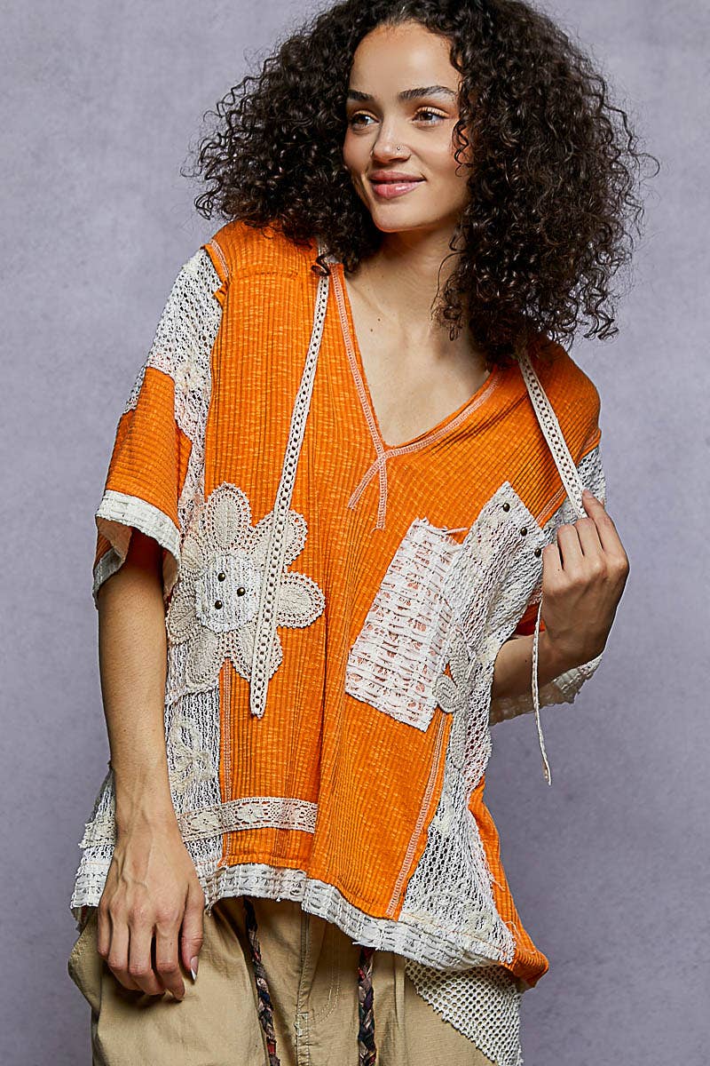 POL Clothing Orange Crochet Patch Hoodie Top-Hoodie-Pol Clothing-Stuffology - Where Vintage Meets Modern, A Boutique for Real Women in Crosbyton, TX