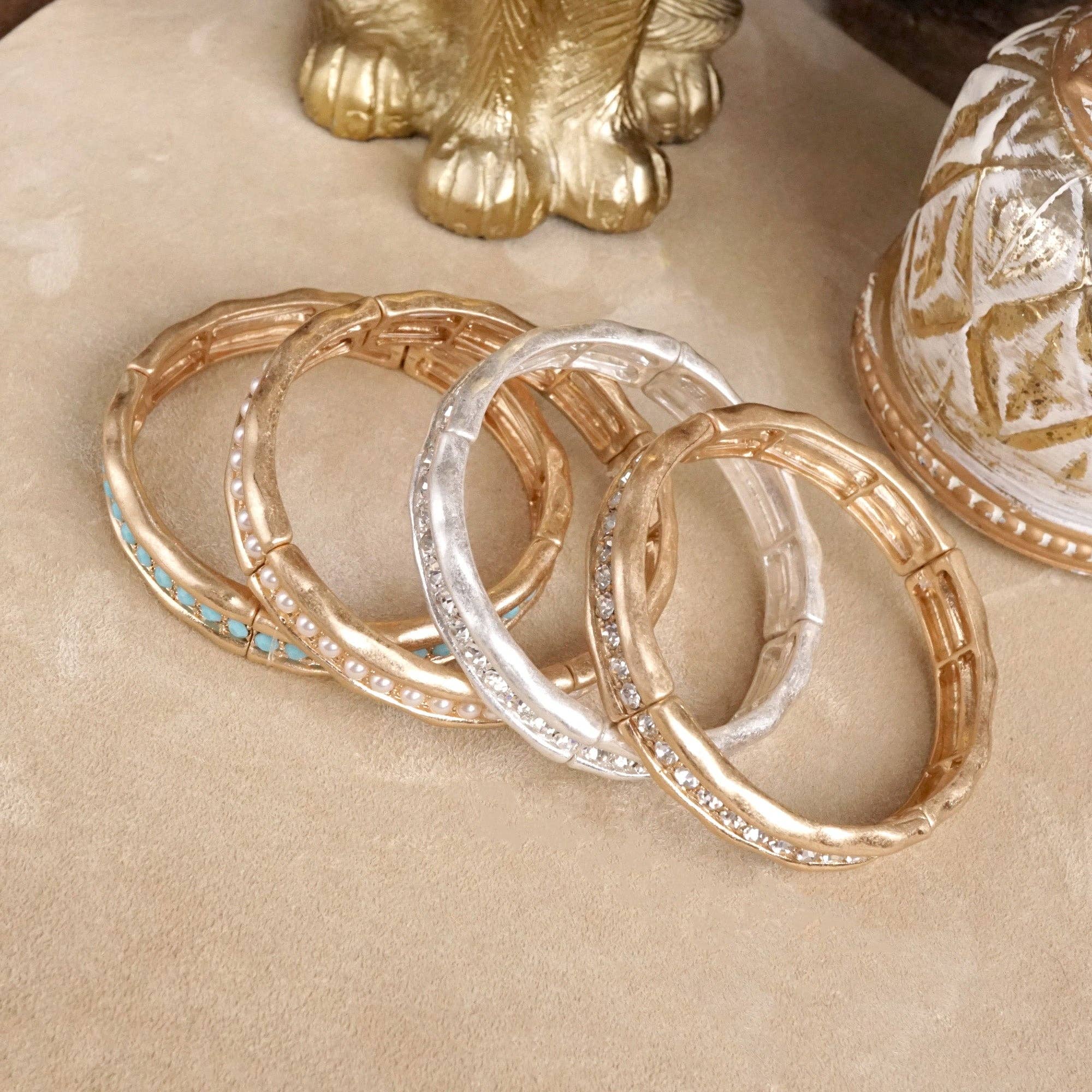 Minimalist TurquoiseCrystal Bangle Bracelet – Brushed Gold-PennyLine inc-Stuffology - Where Vintage Meets Modern, A Boutique for Real Women in Crosbyton, TX