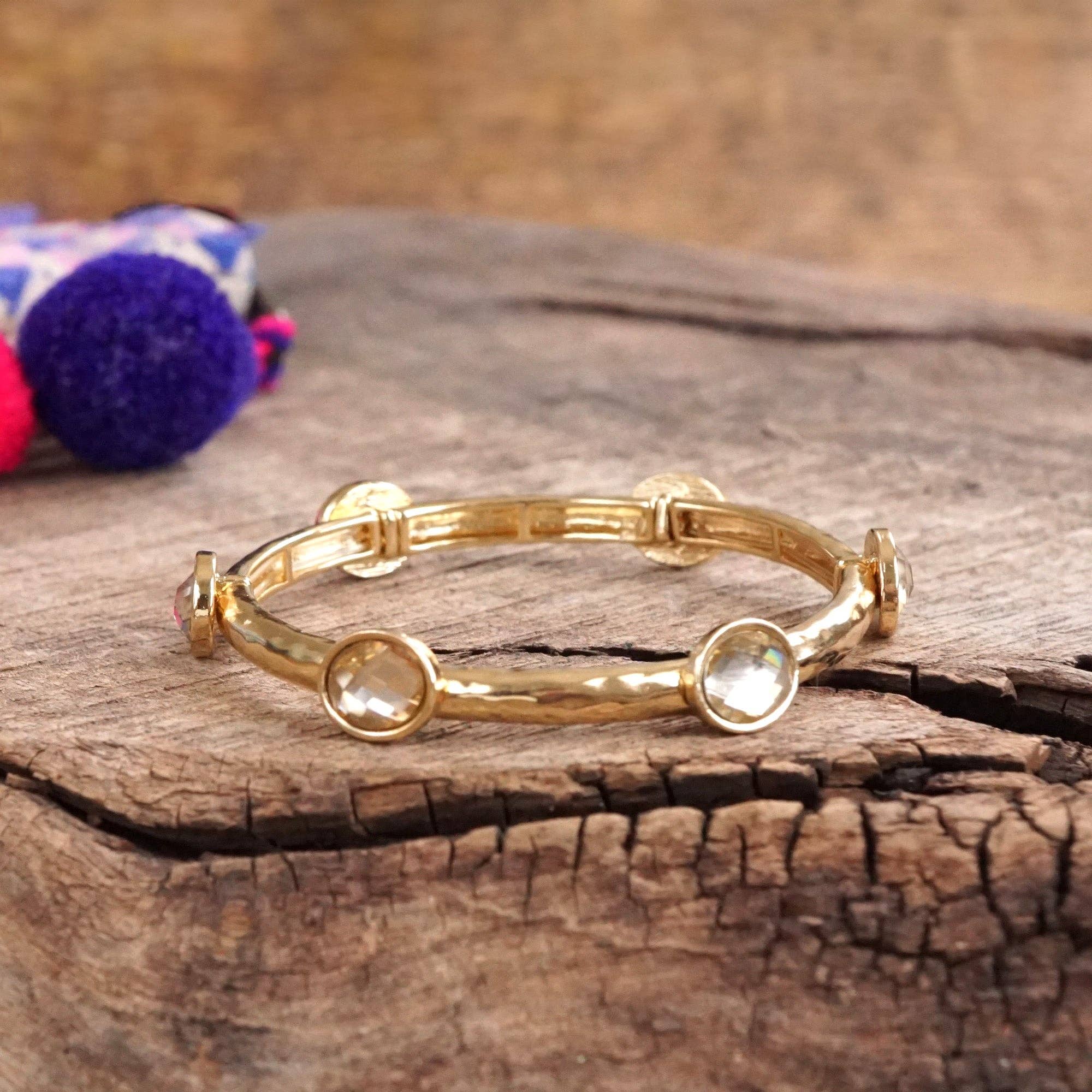 Jeweled Golden Bangle - with Faceted glass oval colorful jewels-Bracelets-PennyLine inc-Stuffology - Where Vintage Meets Modern, A Boutique for Real Women in Crosbyton, TX