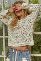 Round neck open knitted crochet solid sweater-Sweaters-Pol Clothing-Stuffology - Where Vintage Meets Modern, A Boutique for Real Women in Crosbyton, TX