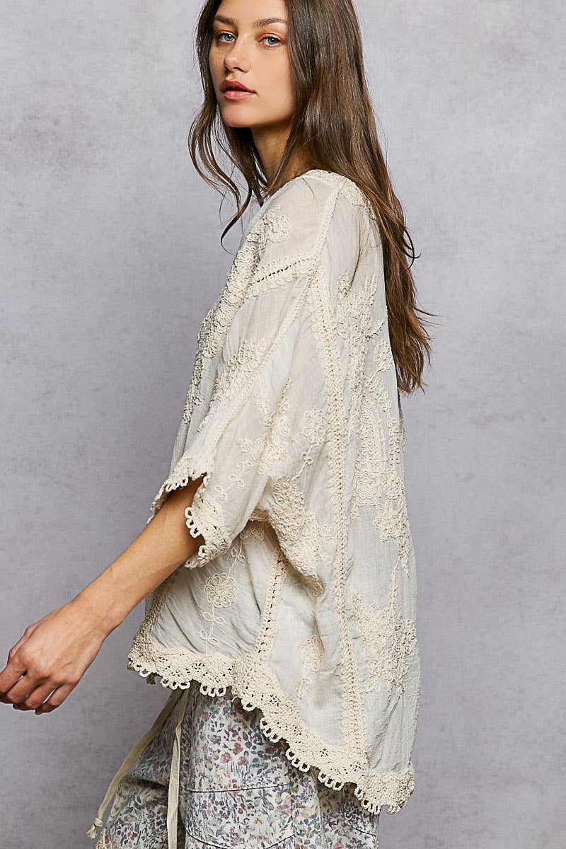POL Clothing V-neck Short Sleeve Floral Embroidered Crochet Blouse Top-Crochet Top-Pol Clothing-Stuffology - Where Vintage Meets Modern, A Boutique for Real Women in Crosbyton, TX