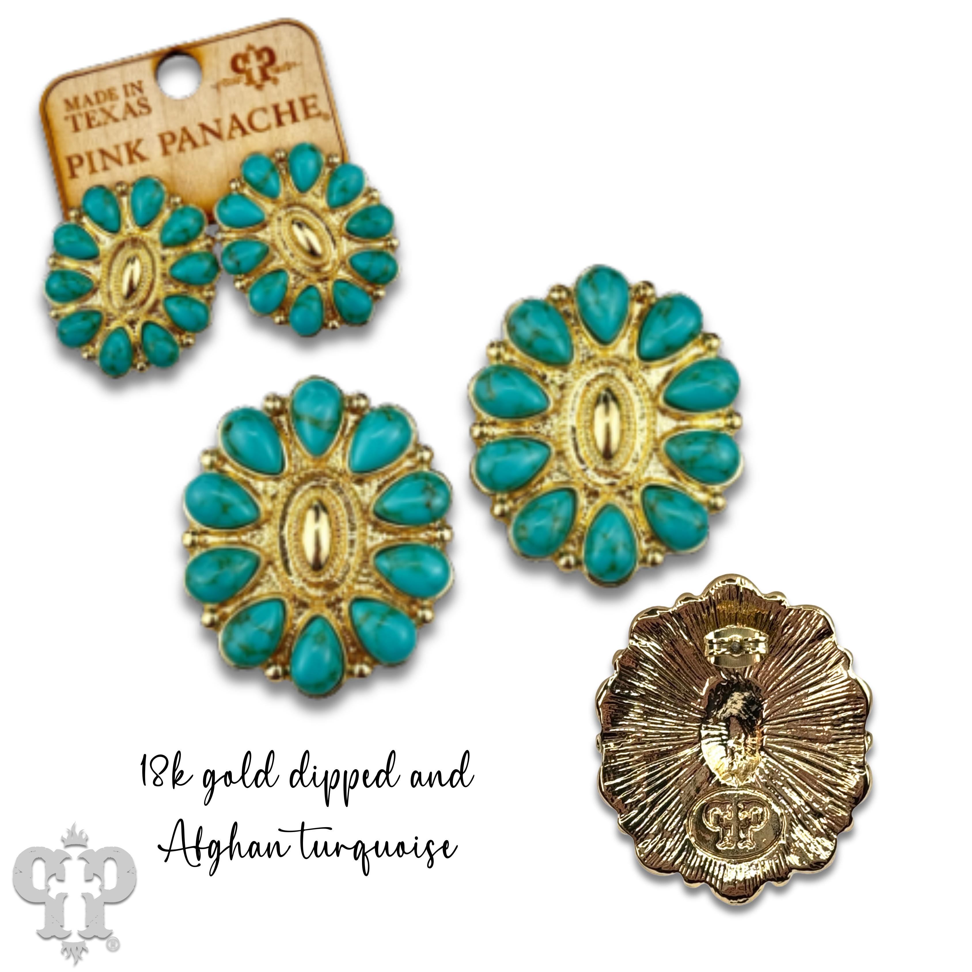 Turquoise and 18k gold dipped concho earring-Earrings-Pink Panache Brands-Stuffology - Where Vintage Meets Modern, A Boutique for Real Women in Crosbyton, TX