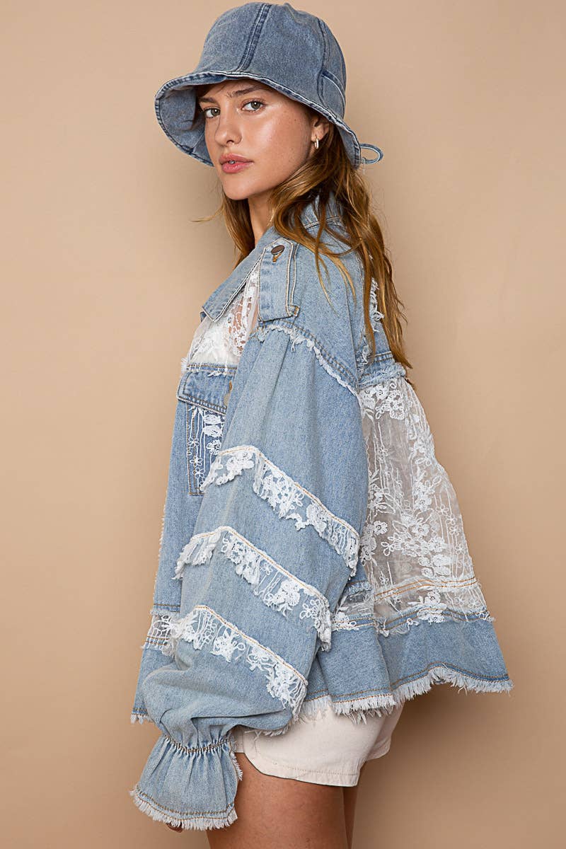 Lace Trim and Panel Collared Button Down Denim Jacket /Stuffology Boutique-Jackets-Pol Clothing-Stuffology - Where Vintage Meets Modern, A Boutique for Real Women in Crosbyton, TX