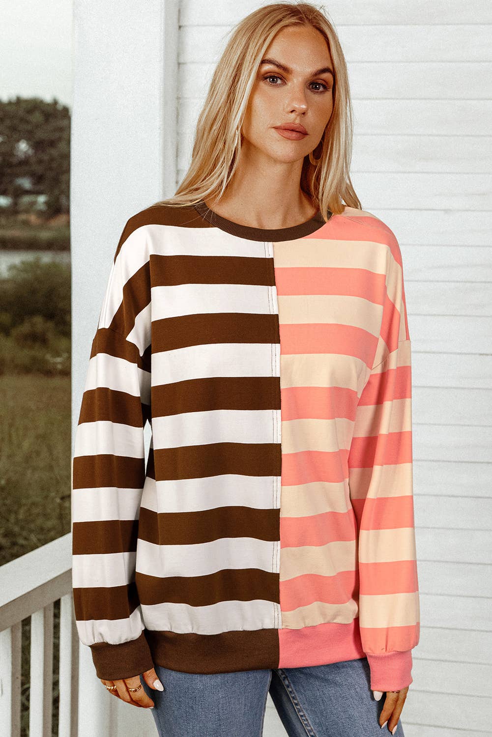 Stripe Colorblock Drop Shoulder Pullover Sweatshirt /Stuffology Boutique-Top-fashionworks-Stuffology - Where Vintage Meets Modern, A Boutique for Real Women in Crosbyton, TX