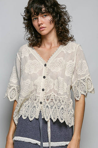 Crochet Trim Neckline Short Sleeve Jacket Top-Pol Clothing-Stuffology - Where Vintage Meets Modern, A Boutique for Real Women in Crosbyton, TX