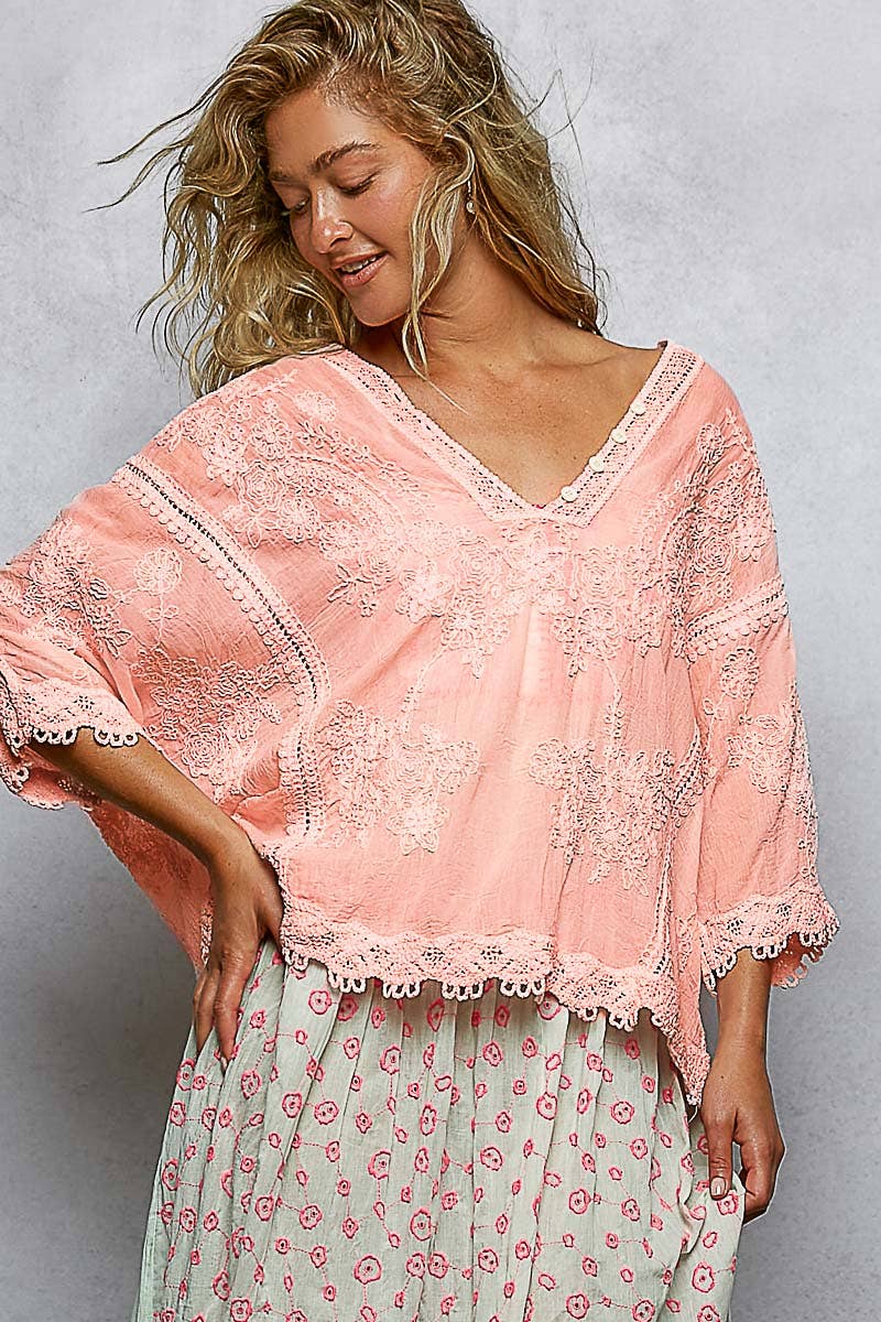 POL Clothing V-neck Short Sleeve Floral Embroidered Crochet Blouse Top-Crochet Top-Pol Clothing-Stuffology - Where Vintage Meets Modern, A Boutique for Real Women in Crosbyton, TX