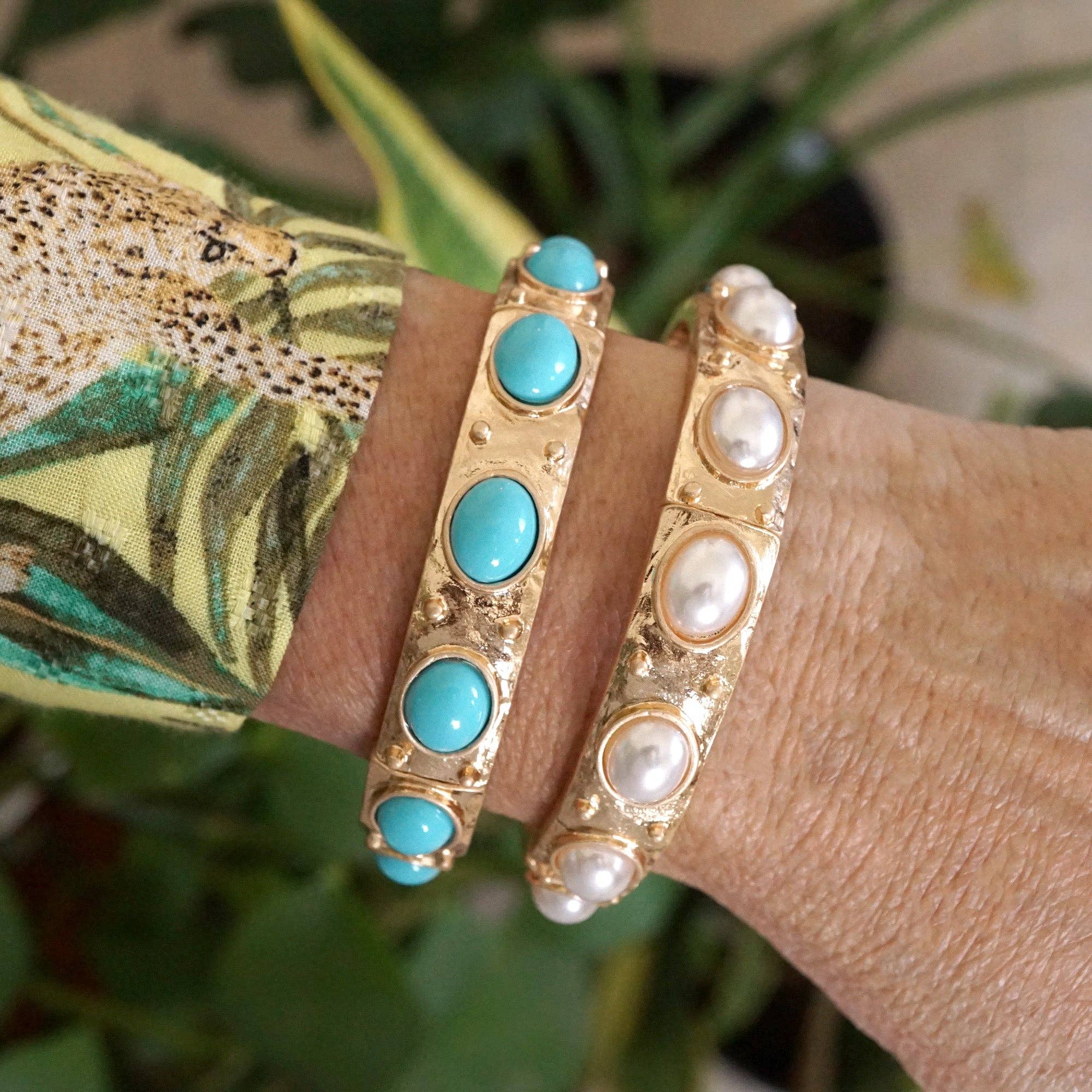 Classic Golden Stretchy Bangles – Pearl or Turquoise Accents-Bracelets-PennyLine inc-Stuffology - Where Vintage Meets Modern, A Boutique for Real Women in Crosbyton, TX