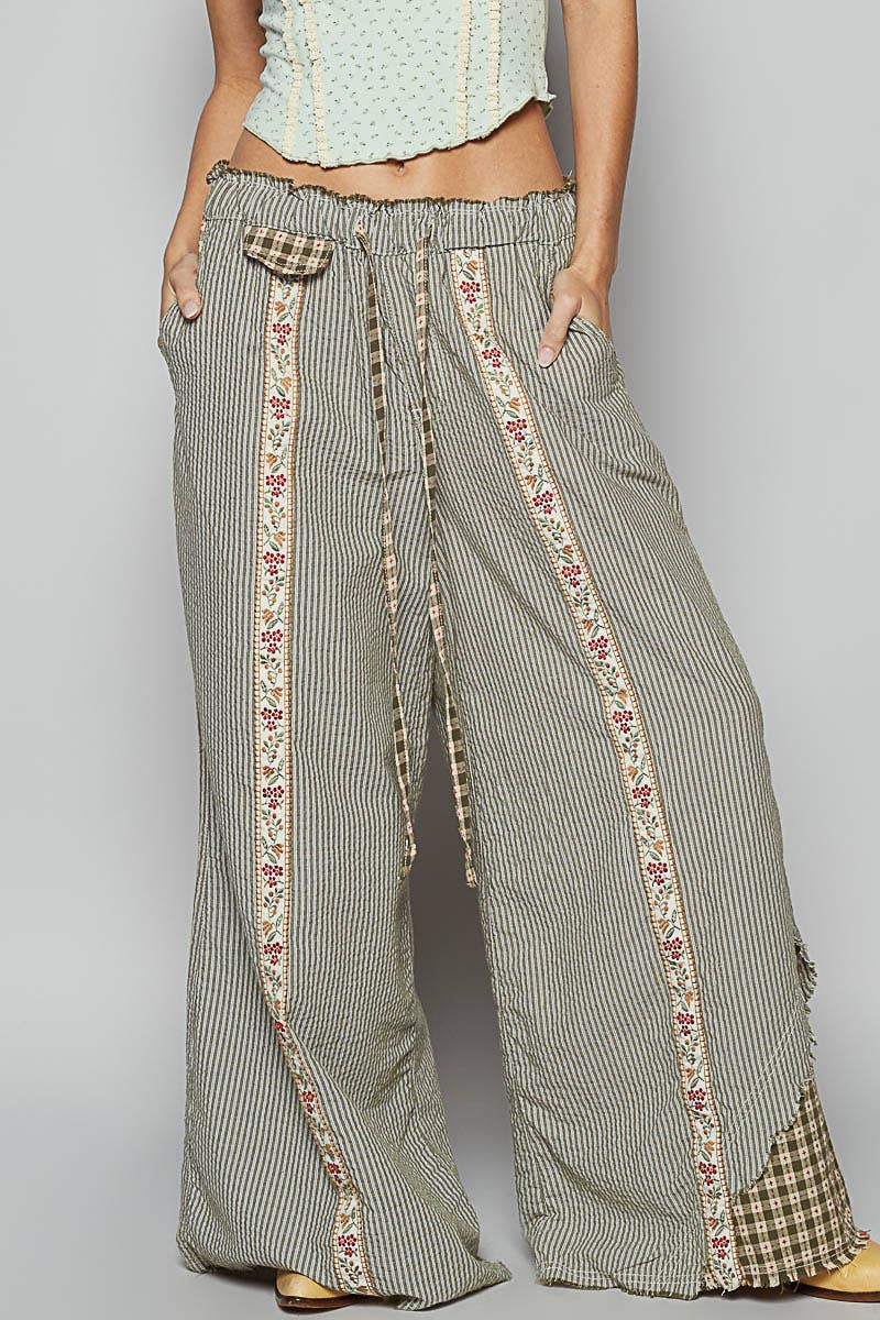 POL Clothing Olive Multi Contrast Panel Detail Print Woven Pants-Pants-Pol Clothing-Stuffology - Where Vintage Meets Modern, A Boutique for Real Women in Crosbyton, TX