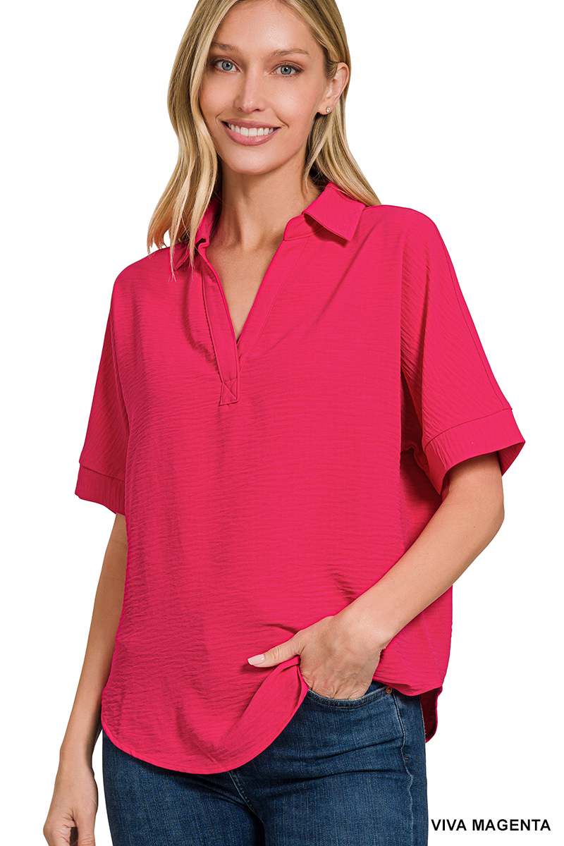 PINK WOVEN AIRFLOW COLLARED V-NECK SHORT SLEEVE TOP | Stuffology Boutique-Short Sleeves-Zenana-Stuffology - Where Vintage Meets Modern, A Boutique for Real Women in Crosbyton, TX