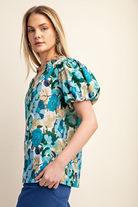 Turquoise & Blue Floral Print Split Neckline Top /Stuffology Boutique-TOP-Gigio-Stuffology - Where Vintage Meets Modern, A Boutique for Real Women in Crosbyton, TX