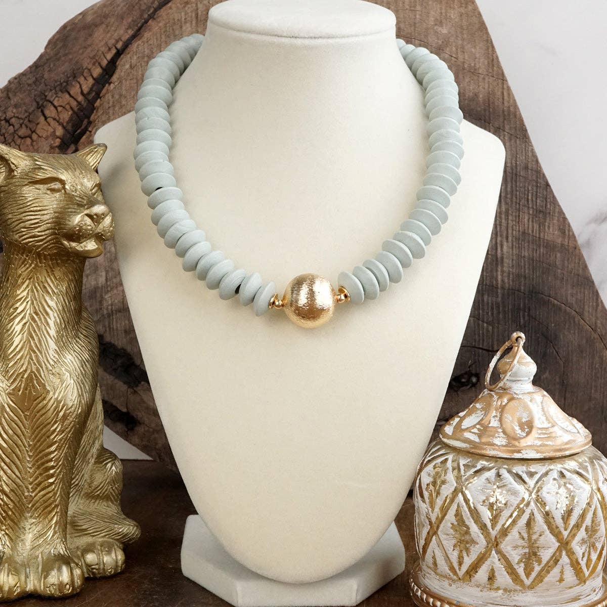 Wood Saucer Beads Short Statement Necklace Gold center Hot Pink Beige Turquoise-Necklaces-PennyLine inc-Stuffology - Where Vintage Meets Modern, A Boutique for Real Women in Crosbyton, TX